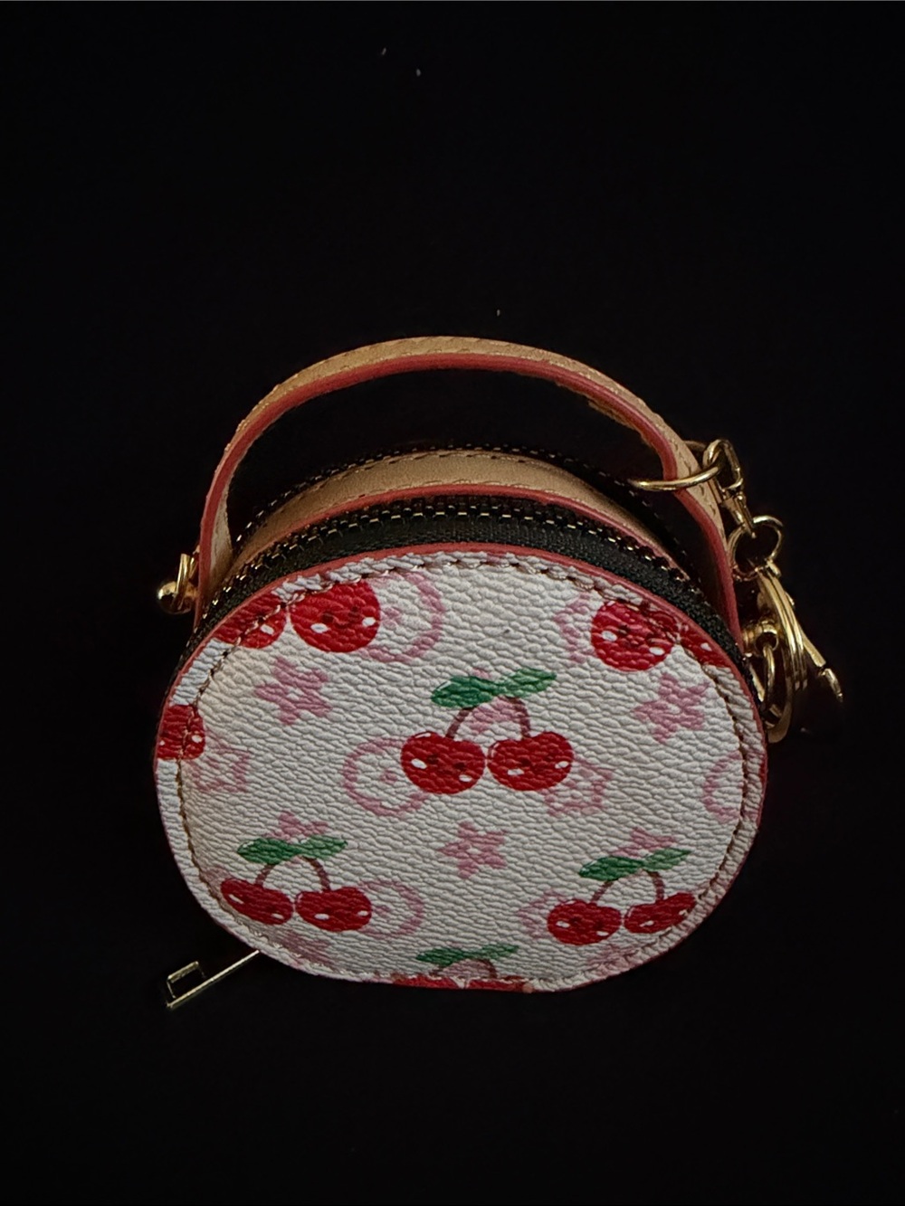 Round Cherry Print Mini Bag w/Chain or Key Chain White/Red